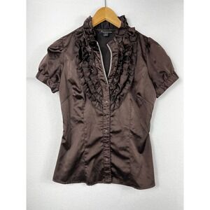 Twentyone Brown Satin Ruffle Blouse Short Puff Sleeve Victorian Button Up Small